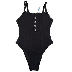 NWT Cupshe Womens Black Ribbed High Leg One Piece Swimsuit Size Small